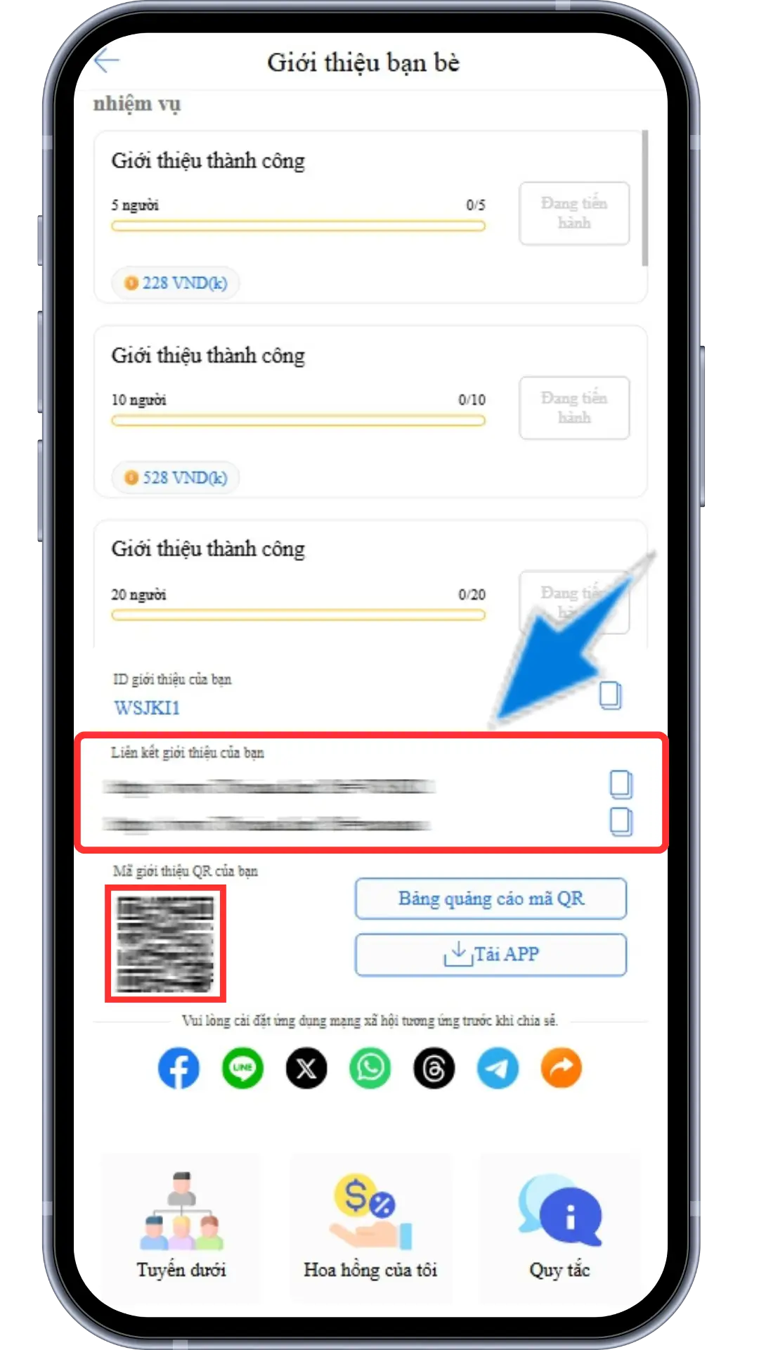 Bước 3 : Sao chép link hoặc tải mã QR gửi cho bạn bè đăng ký